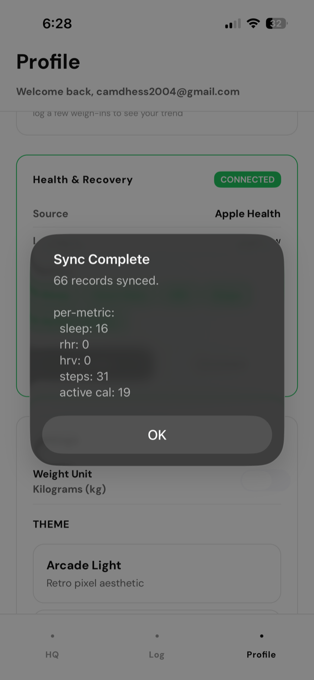 sync complete: sleep, steps, and active calories pulled from apple health