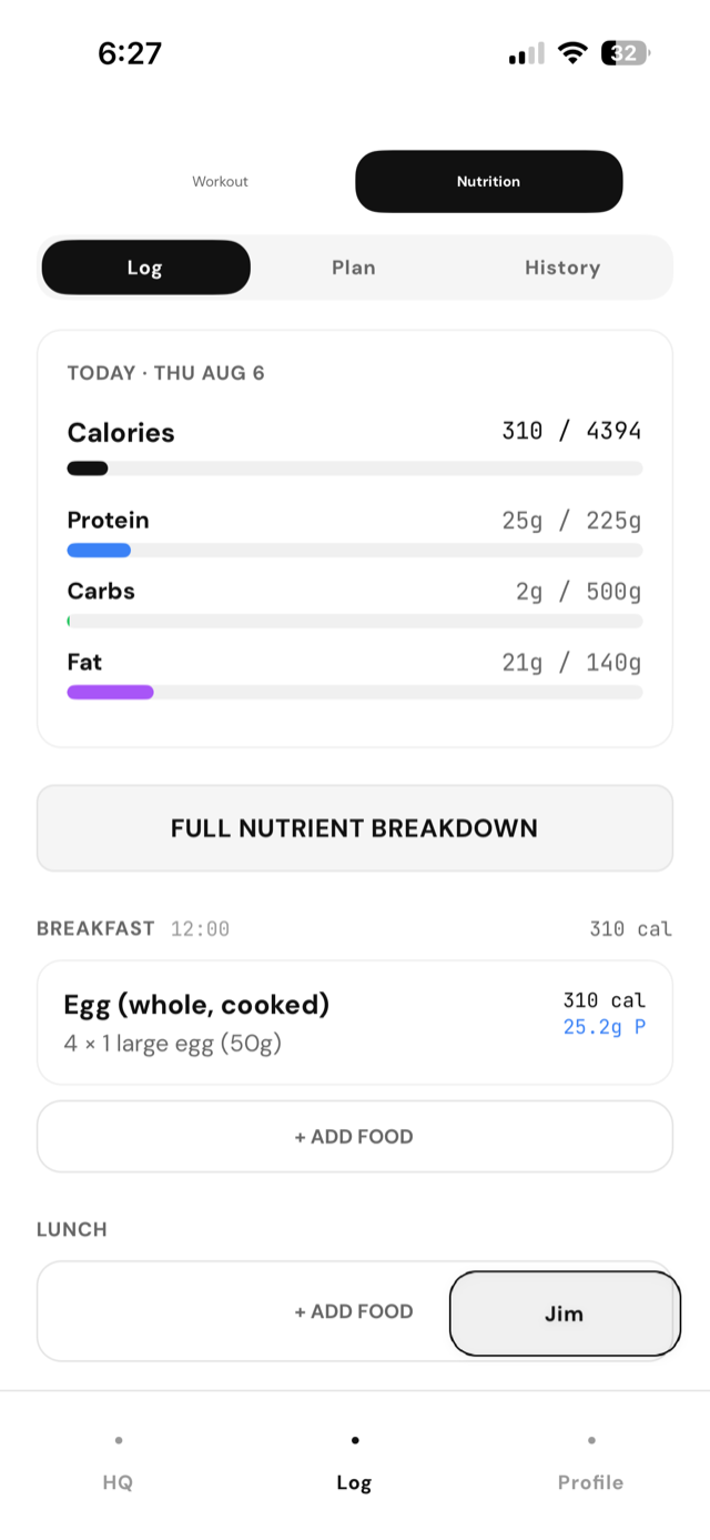 food logging with per meal breakdown