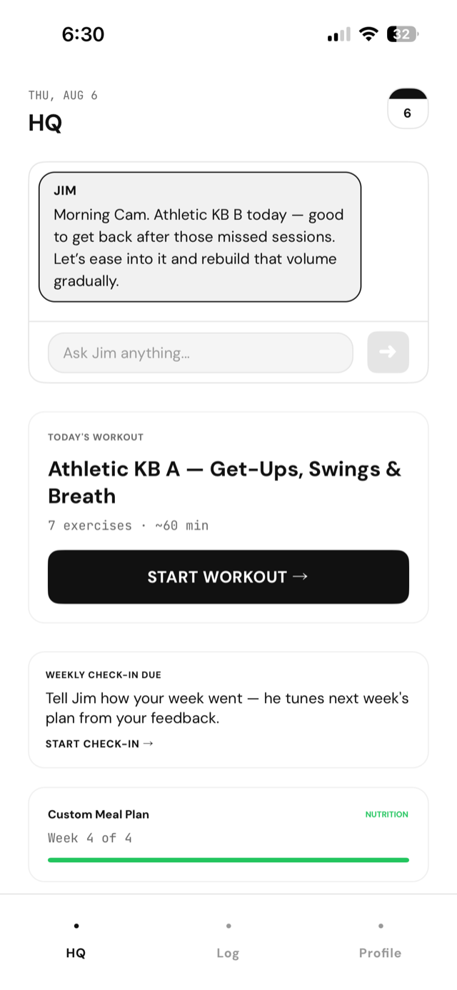 hq tab with jim's morning briefing and today's workout