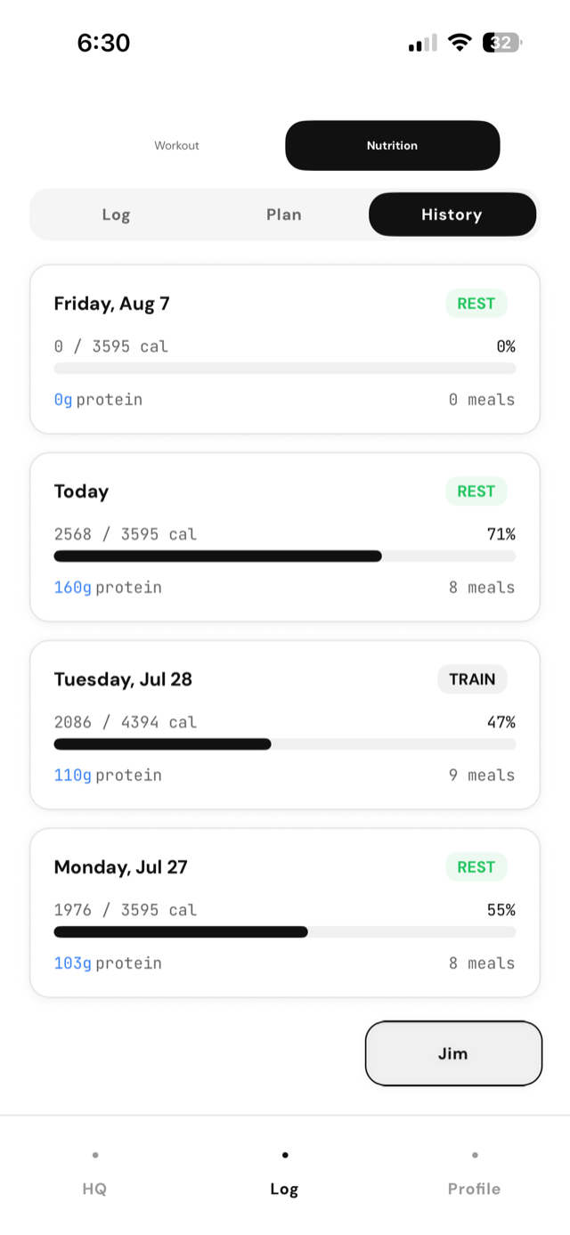 nutrition history with daily calorie and protein totals