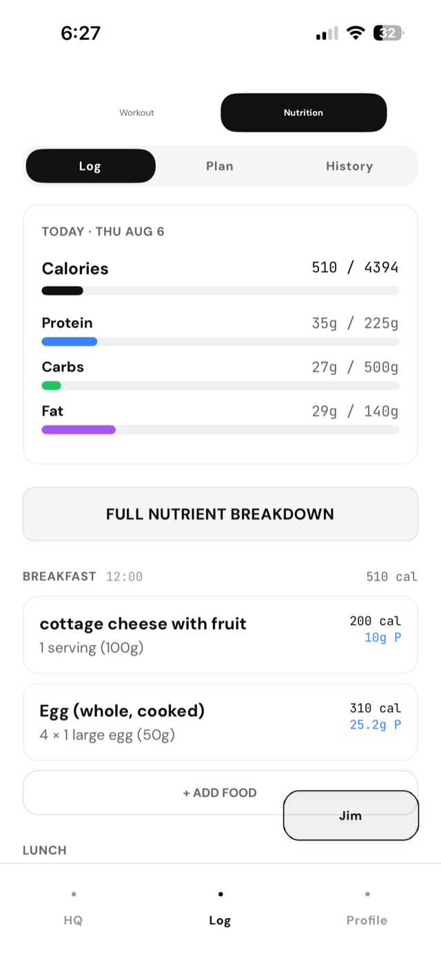 nutrition log with calories, protein, carbs, and fat