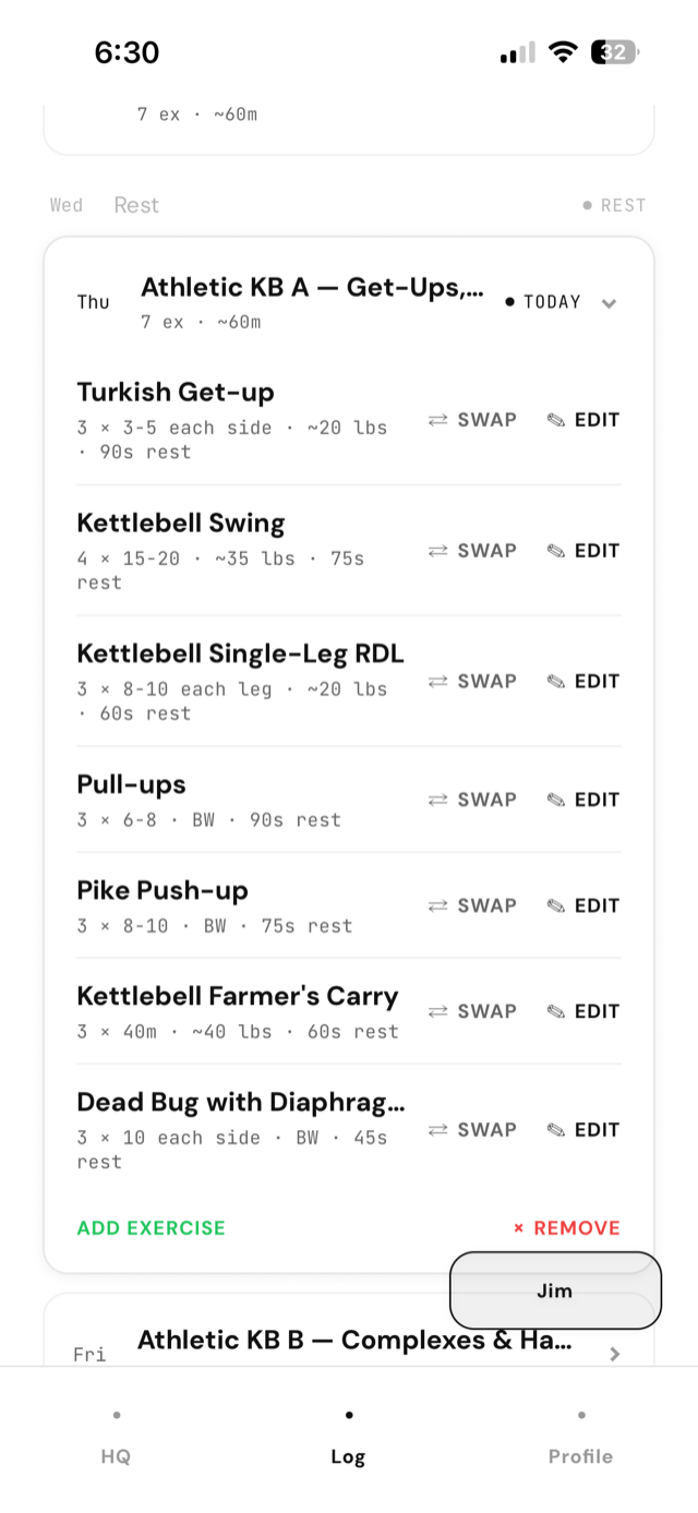 plan day detail with swappable exercises