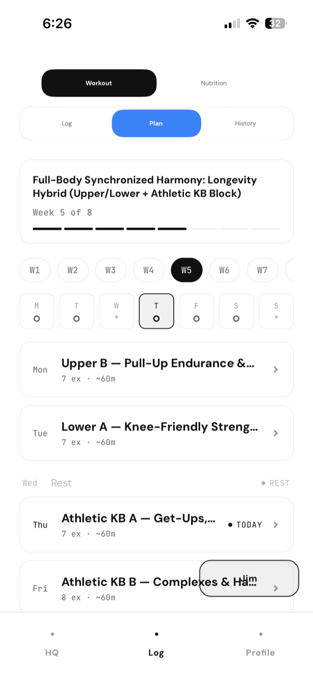 workout plan week view with daily sessions